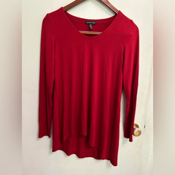 Eileen Fisher Red Jersey Asymmetric Tunic Top Womens XS Long Sleeve Stretch - Picture 1 of 7